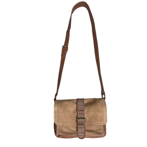 Lerac Brown Suede Leather Bronze Metal Messenger Crosbody Bag Sz M - EUC - Picture 1 of 12